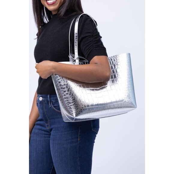 Mansur Gavriel Large Metallic Croc Tote Silver Womens Size OS - Picture 5 of 15